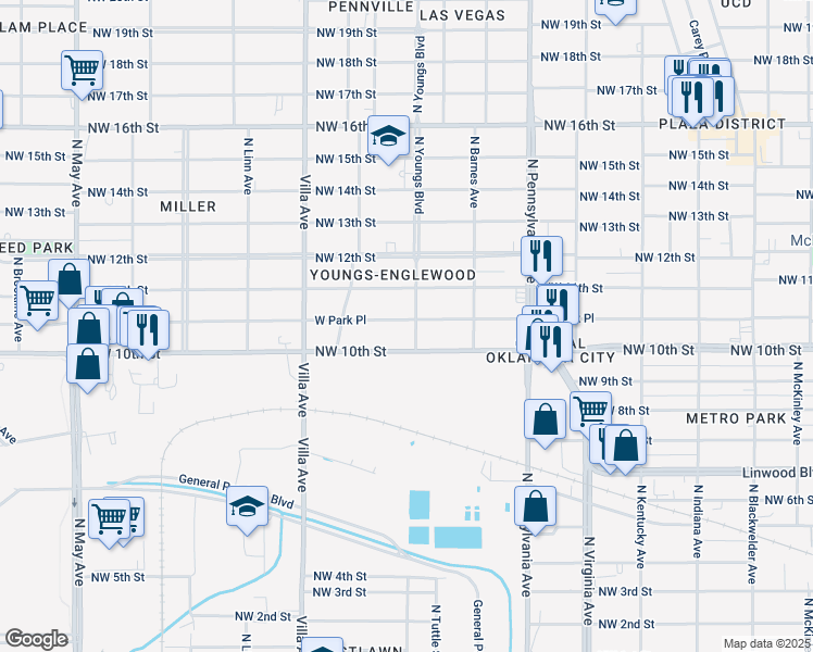map of restaurants, bars, coffee shops, grocery stores, and more near 1123 North Youngs Boulevard in Oklahoma City