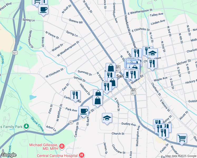 map of restaurants, bars, coffee shops, grocery stores, and more near 504 Sunset Drive in Sanford