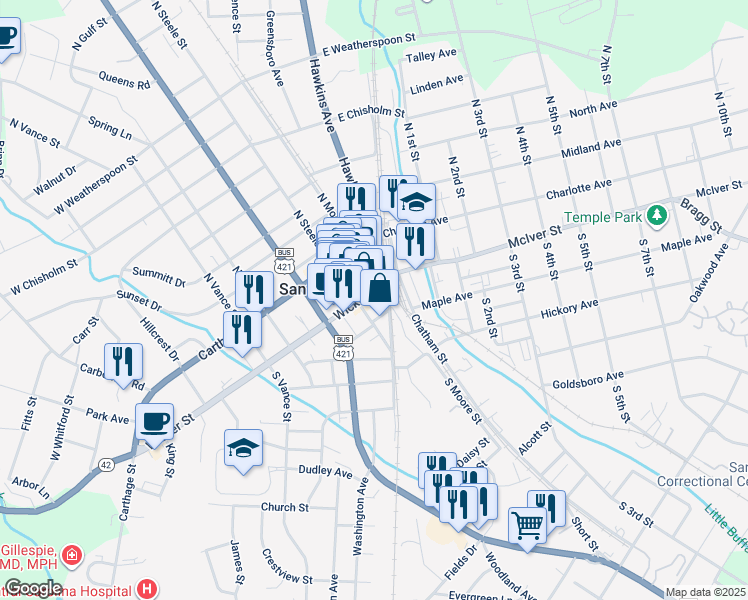 map of restaurants, bars, coffee shops, grocery stores, and more near 125 Wicker Street in Sanford