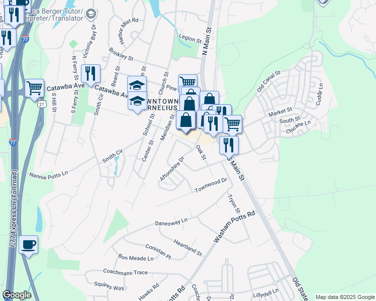 map of restaurants, bars, coffee shops, grocery stores, and more near 21725 Aftonshire Drive in Cornelius