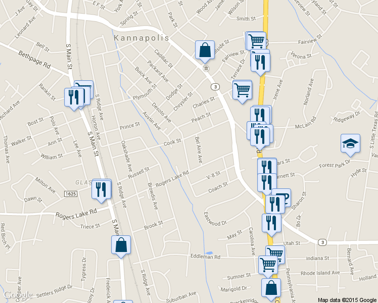 map of restaurants, bars, coffee shops, grocery stores, and more near 1207 Desoto Avenue in Kannapolis