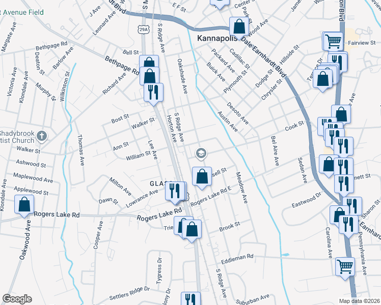 map of restaurants, bars, coffee shops, grocery stores, and more near Fortress Lane in Kannapolis