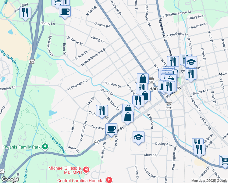map of restaurants, bars, coffee shops, grocery stores, and more near 534 Sunset Dr in Sanford