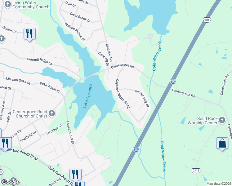 map of restaurants, bars, coffee shops, grocery stores, and more near 2580 Captains Watch Rd NE in Kannapolis