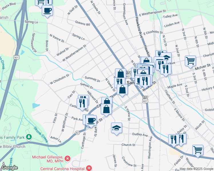 map of restaurants, bars, coffee shops, grocery stores, and more near 504 Sunset Drive in Sanford