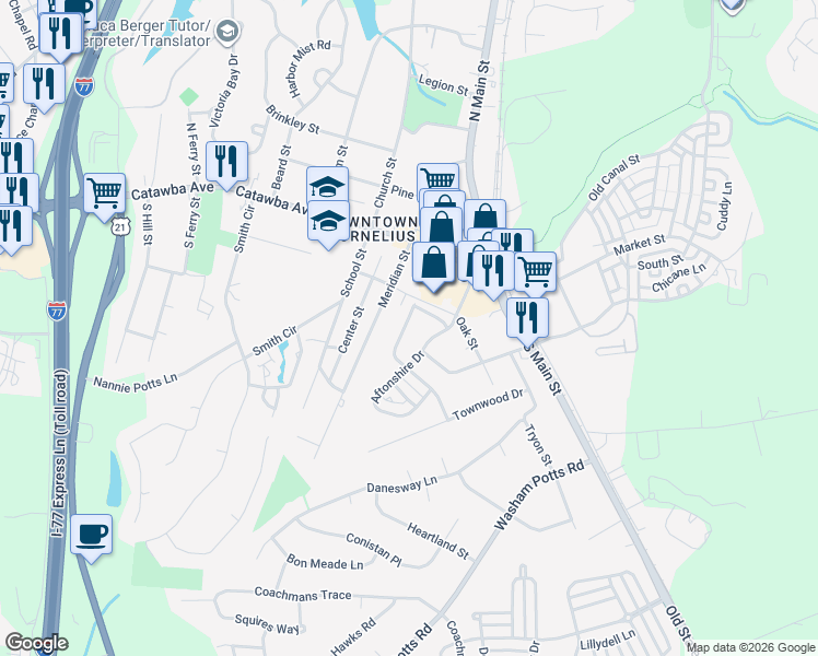 map of restaurants, bars, coffee shops, grocery stores, and more near 21725 Aftonshire Drive in Cornelius