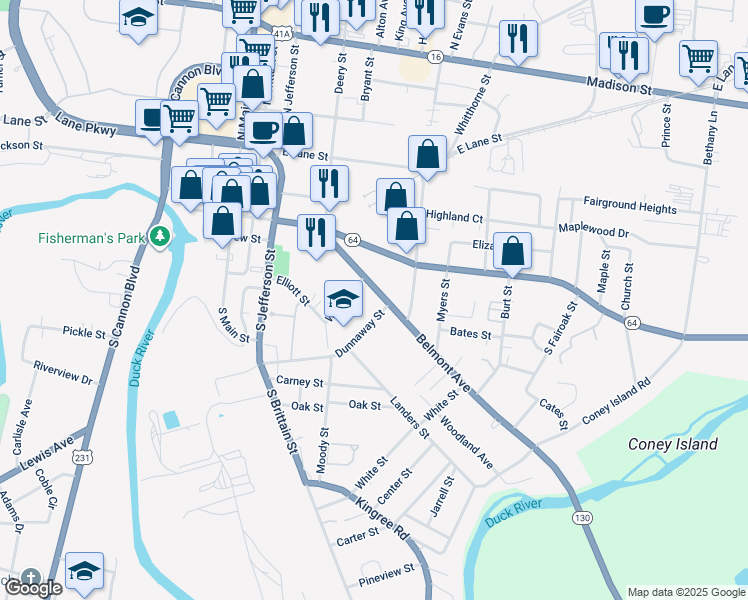 map of restaurants, bars, coffee shops, grocery stores, and more near 510 Belmont Avenue in Shelbyville