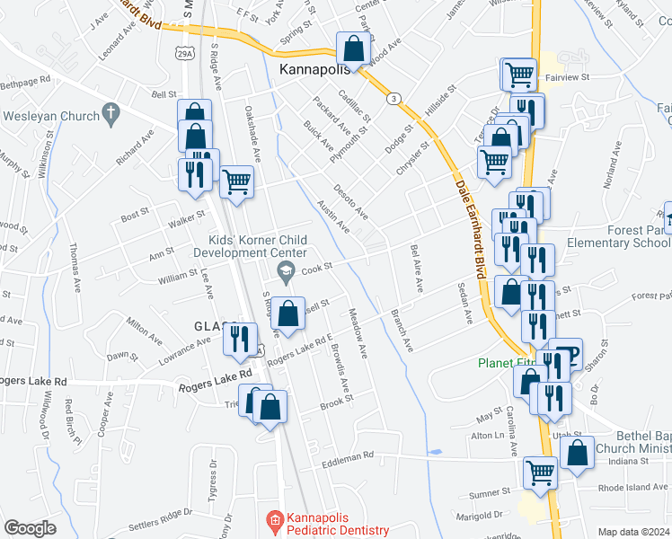 map of restaurants, bars, coffee shops, grocery stores, and more near 312 Cook Street in Kannapolis