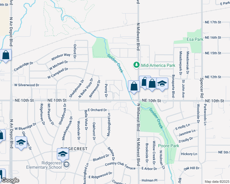 map of restaurants, bars, coffee shops, grocery stores, and more near 7827 Northeast 10th Street in Midwest City