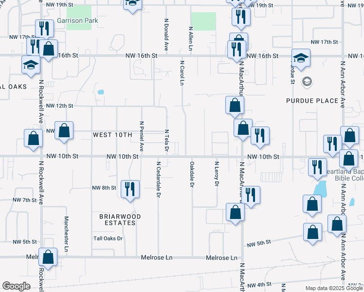 map of restaurants, bars, coffee shops, grocery stores, and more near 1101 North Carol Lane in Oklahoma City
