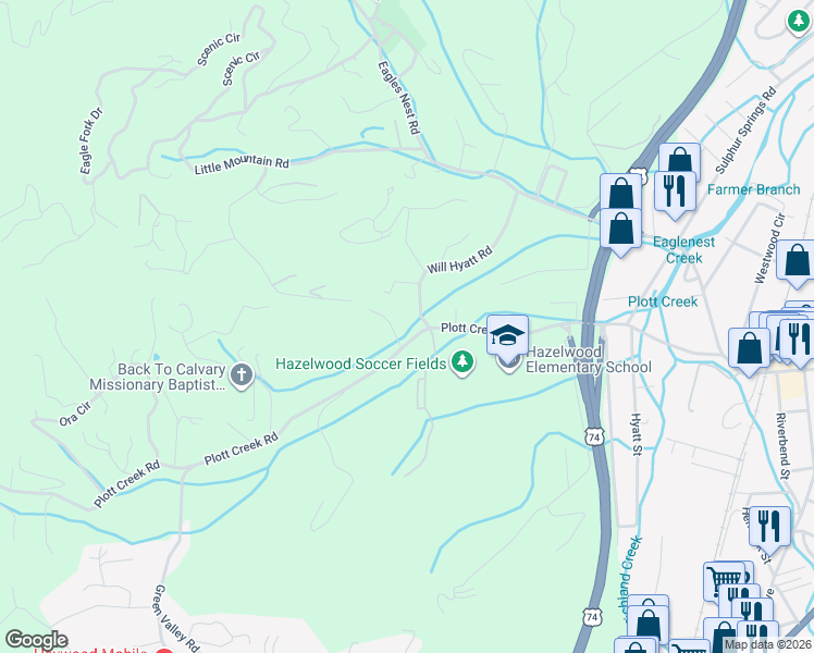 map of restaurants, bars, coffee shops, grocery stores, and more near 396 Will Hyatt Road in Waynesville
