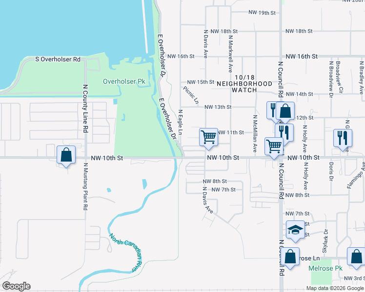 map of restaurants, bars, coffee shops, grocery stores, and more near 1166 North Eagle Lane in Oklahoma City
