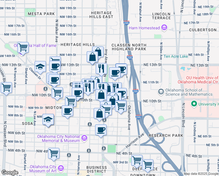 map of restaurants, bars, coffee shops, grocery stores, and more near 1132 North Broadway Drive in Oklahoma City