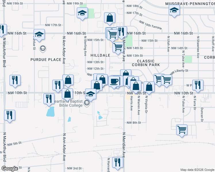 map of restaurants, bars, coffee shops, grocery stores, and more near 1111 North Harvard Avenue in Oklahoma City
