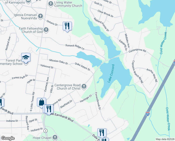 map of restaurants, bars, coffee shops, grocery stores, and more near 1925 Mission Laks Street in Kannapolis
