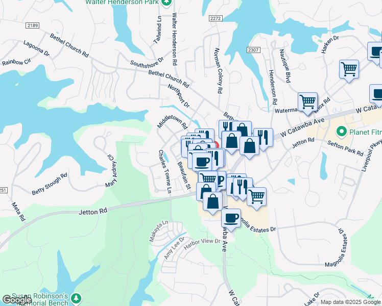 map of restaurants, bars, coffee shops, grocery stores, and more near 19931 North Cove Road in Cornelius