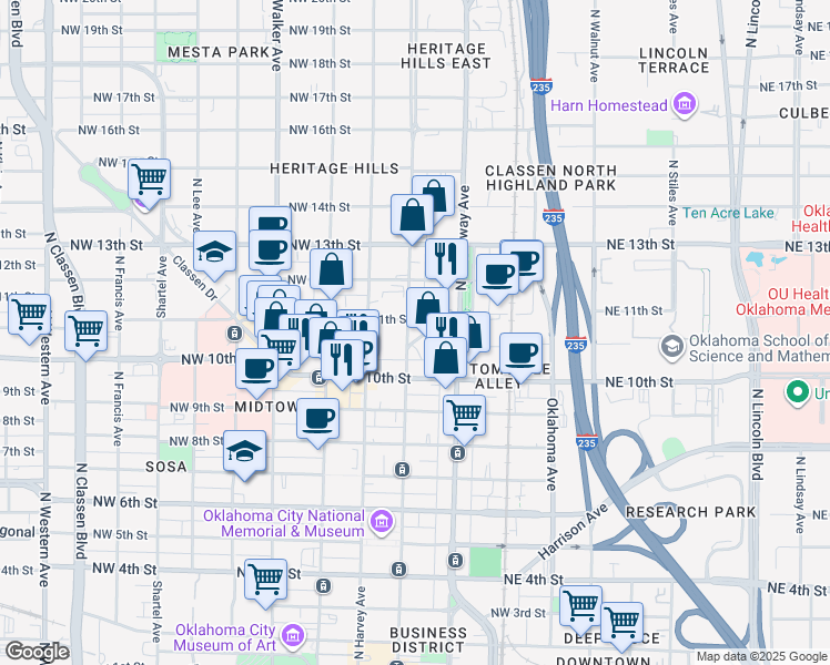map of restaurants, bars, coffee shops, grocery stores, and more near 1135 North Robinson Avenue in Oklahoma City