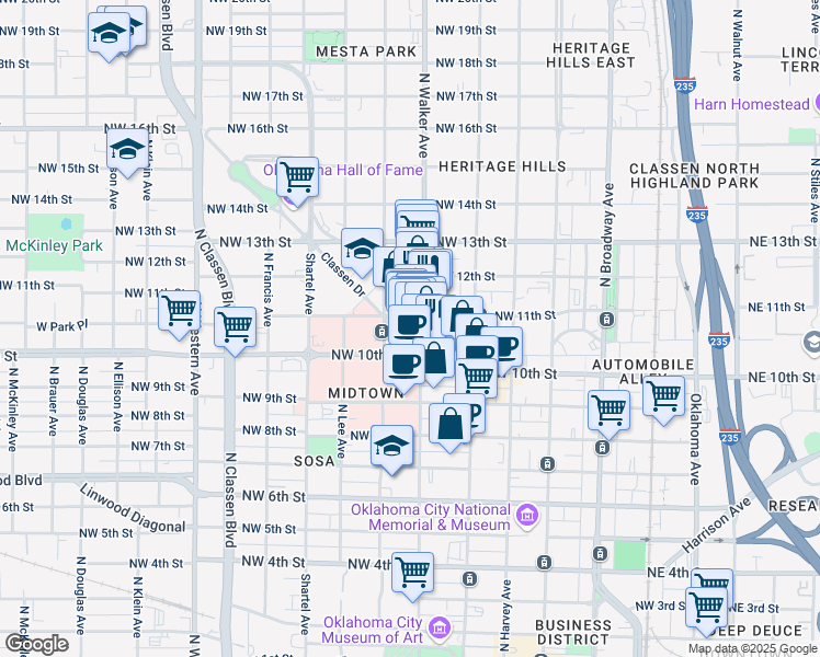 map of restaurants, bars, coffee shops, grocery stores, and more near 1120 North Walker Avenue in Oklahoma City