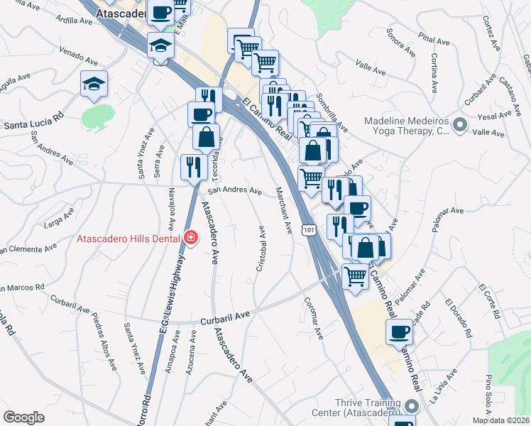 map of restaurants, bars, coffee shops, grocery stores, and more near 6650 Marchant Avenue in Atascadero