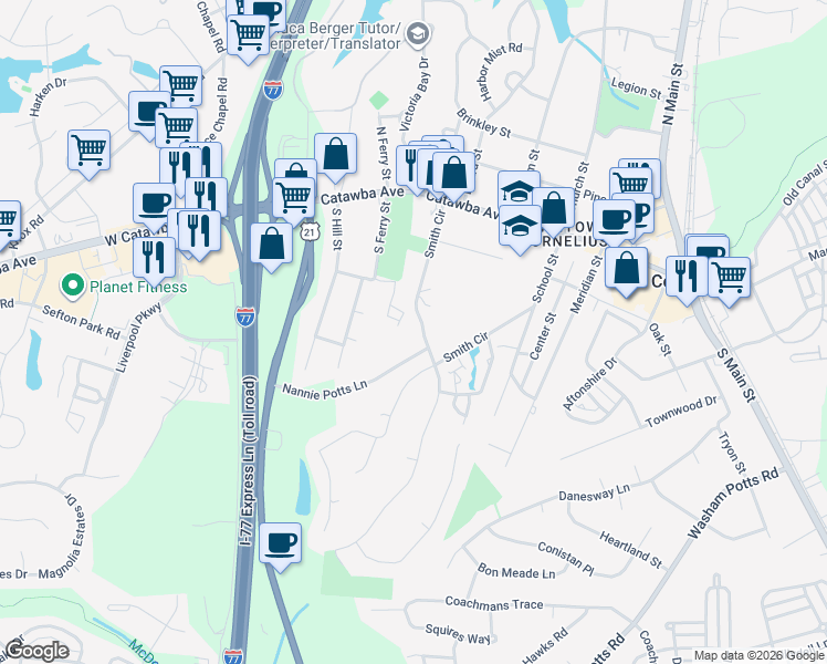 map of restaurants, bars, coffee shops, grocery stores, and more near 19437 Smith Circle in Cornelius