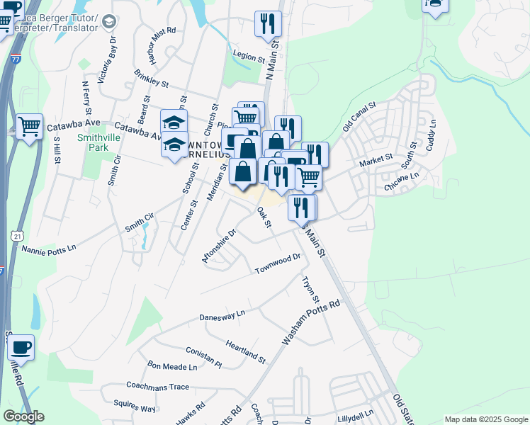 map of restaurants, bars, coffee shops, grocery stores, and more near 19630 Oak Street in Cornelius
