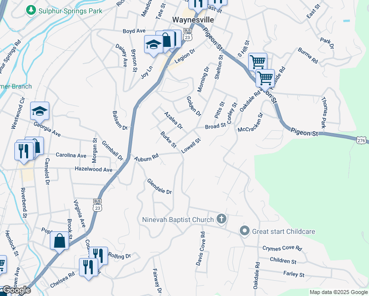 map of restaurants, bars, coffee shops, grocery stores, and more near 138 Lowell Street in Waynesville
