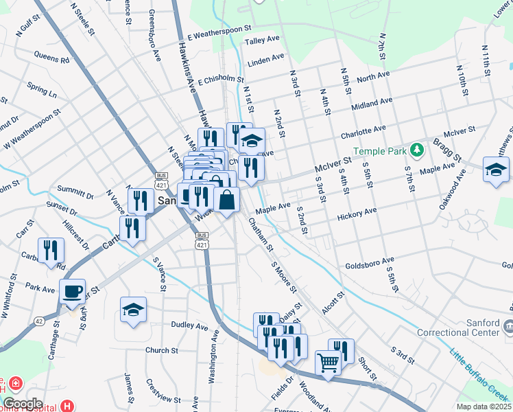 map of restaurants, bars, coffee shops, grocery stores, and more near 229 Chatham Street in Sanford
