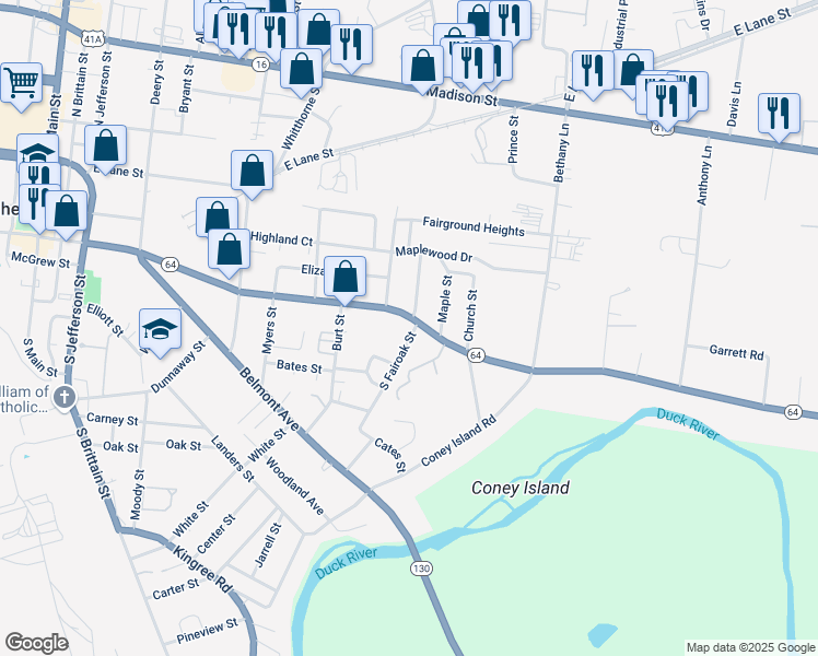 map of restaurants, bars, coffee shops, grocery stores, and more near 906 Wartrace Pike in Shelbyville