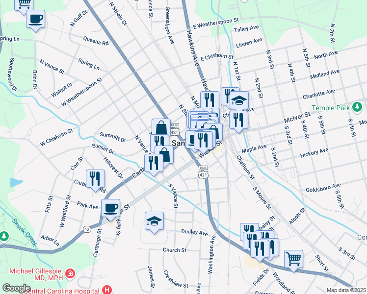 map of restaurants, bars, coffee shops, grocery stores, and more near 307 Carthage Street in Sanford