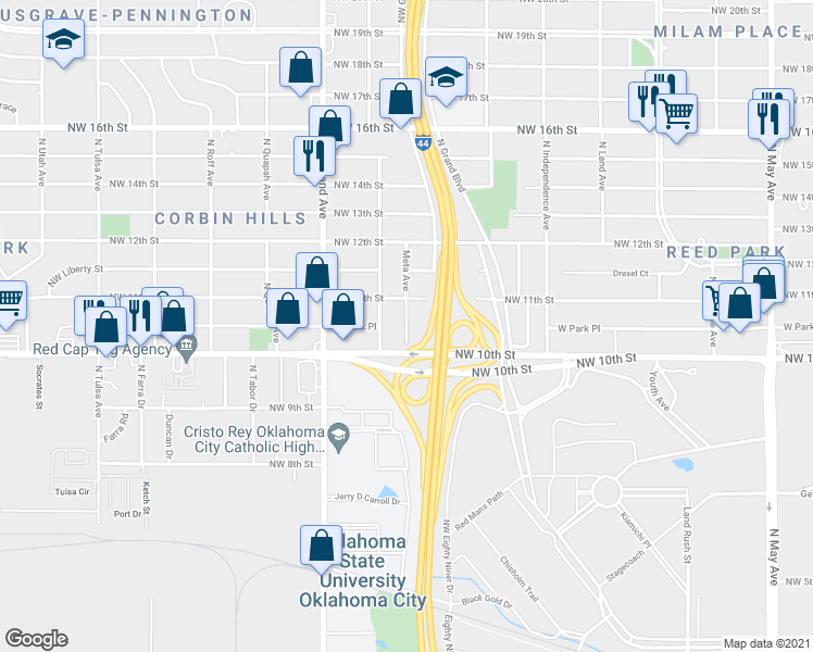 map of restaurants, bars, coffee shops, grocery stores, and more near 1140 N Meta Ave in Oklahoma City