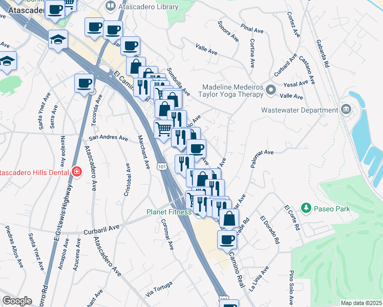 map of restaurants, bars, coffee shops, grocery stores, and more near 7635 El Camino Real in Atascadero
