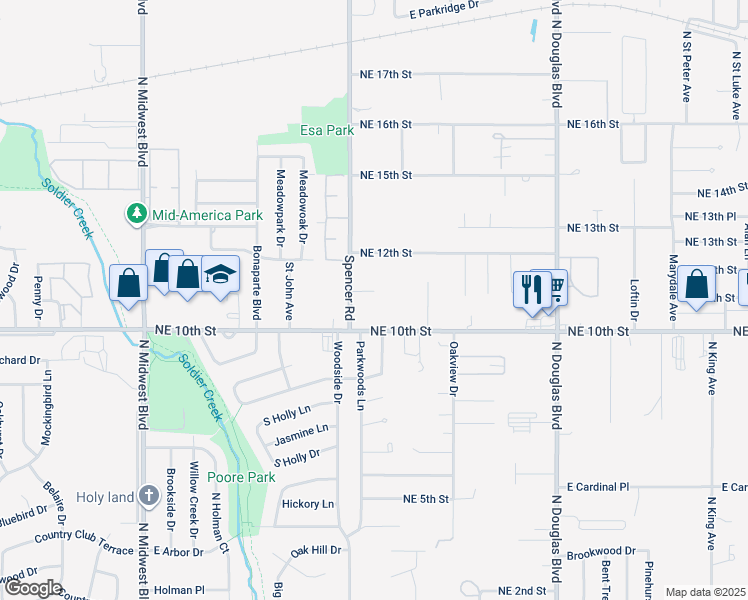 map of restaurants, bars, coffee shops, grocery stores, and more near 8522 Justin Place in Midwest City