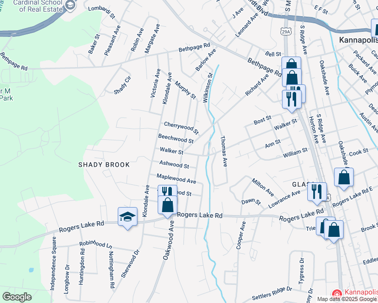 map of restaurants, bars, coffee shops, grocery stores, and more near Walker Street in Kannapolis