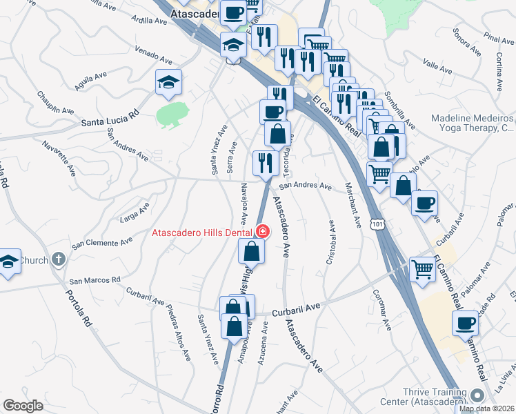 map of restaurants, bars, coffee shops, grocery stores, and more near 7203 Navajoa Avenue in Atascadero