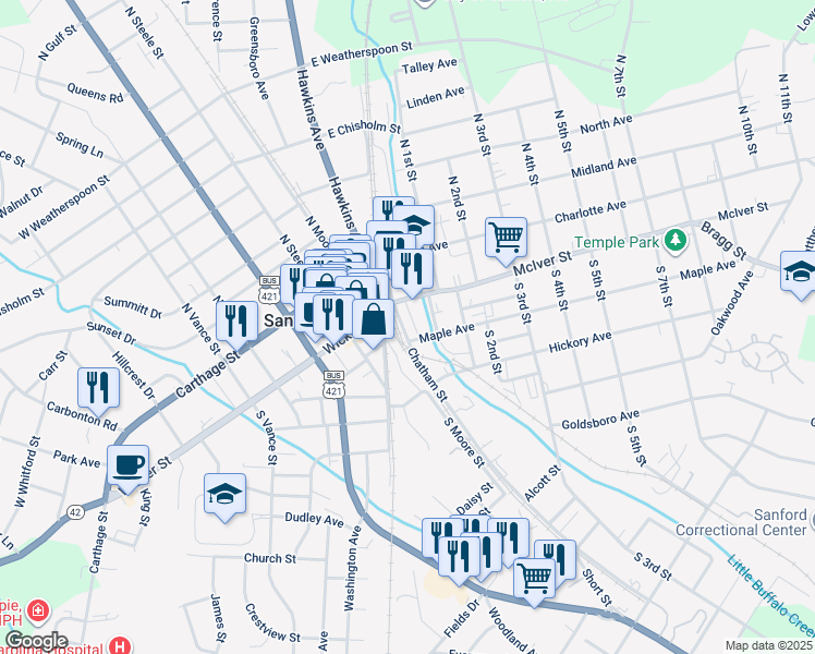 map of restaurants, bars, coffee shops, grocery stores, and more near 229 Chatham Street in Sanford