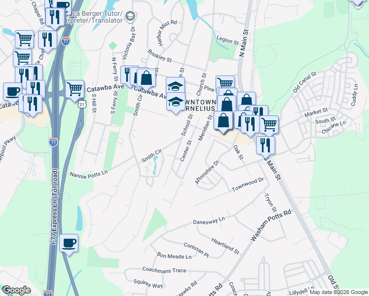 map of restaurants, bars, coffee shops, grocery stores, and more near 19517 Center St in Cornelius