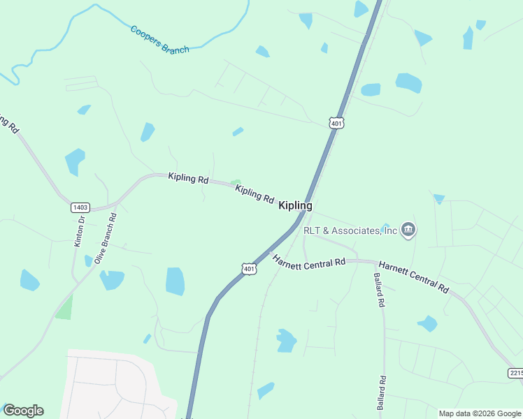 map of restaurants, bars, coffee shops, grocery stores, and more near 129 Kipling Road in Fuquay-Varina
