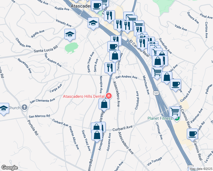 map of restaurants, bars, coffee shops, grocery stores, and more near 7100 Morro Road in Atascadero