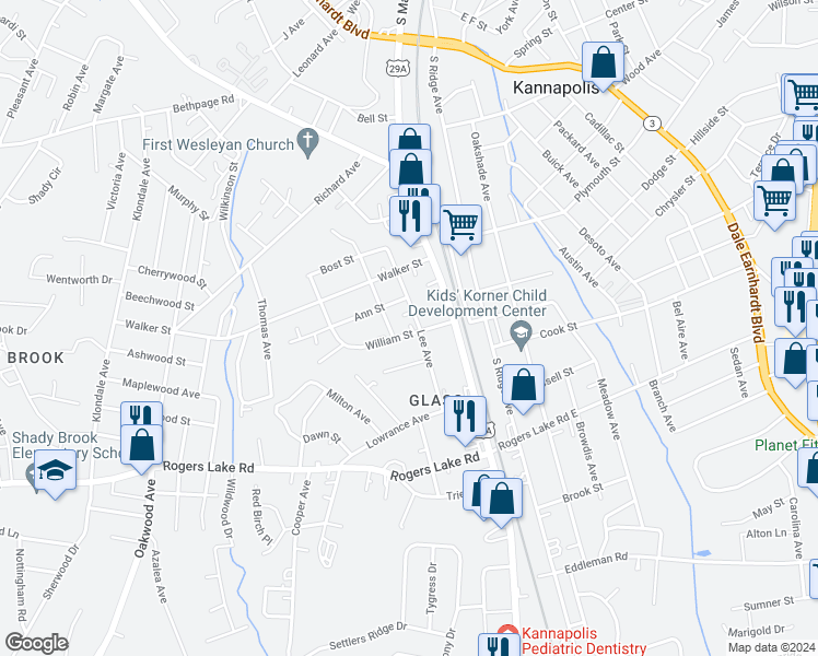 map of restaurants, bars, coffee shops, grocery stores, and more near 202 William Street in Kannapolis