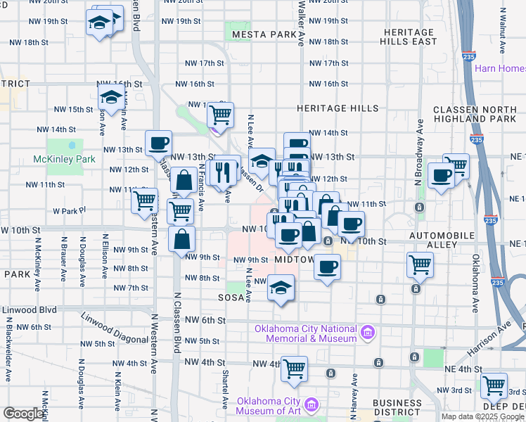 map of restaurants, bars, coffee shops, grocery stores, and more near 1110 North Lee Avenue in Oklahoma City