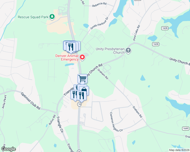 map of restaurants, bars, coffee shops, grocery stores, and more near 7958 Unity Church Road in Denver