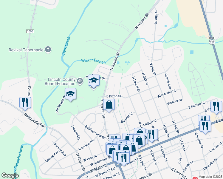 map of restaurants, bars, coffee shops, grocery stores, and more near 817 North Academy Extension in Lincolnton