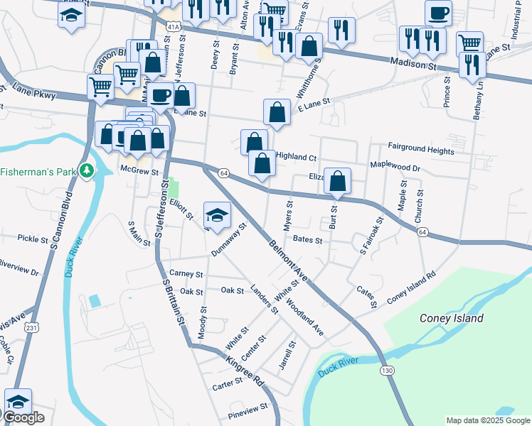 map of restaurants, bars, coffee shops, grocery stores, and more near 110 Thompson Street in Shelbyville