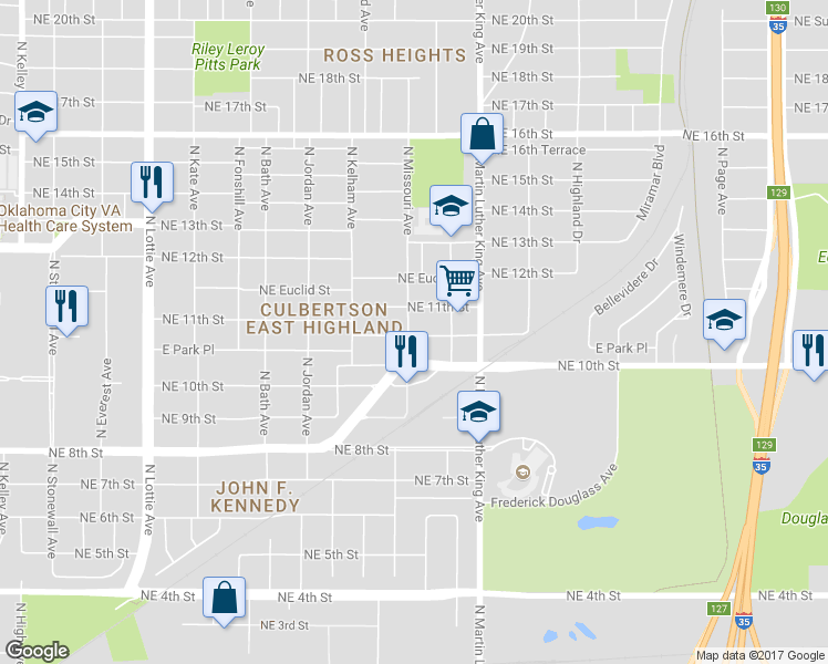 map of restaurants, bars, coffee shops, grocery stores, and more near 1810 East Park Place in Oklahoma City