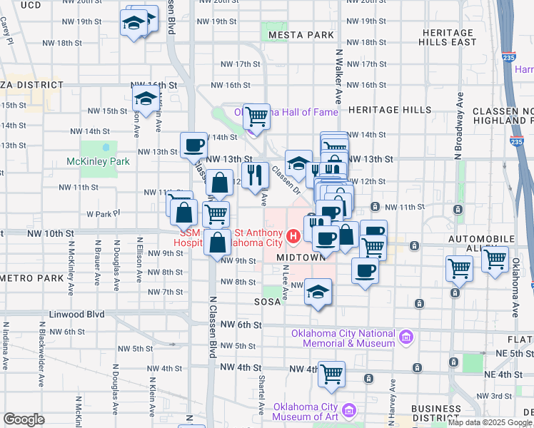 map of restaurants, bars, coffee shops, grocery stores, and more near 1117 North Shartel Avenue in Oklahoma City