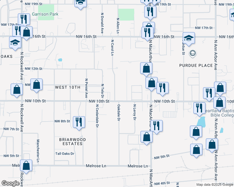 map of restaurants, bars, coffee shops, grocery stores, and more near 1111 North Saint Charles Avenue in Oklahoma City