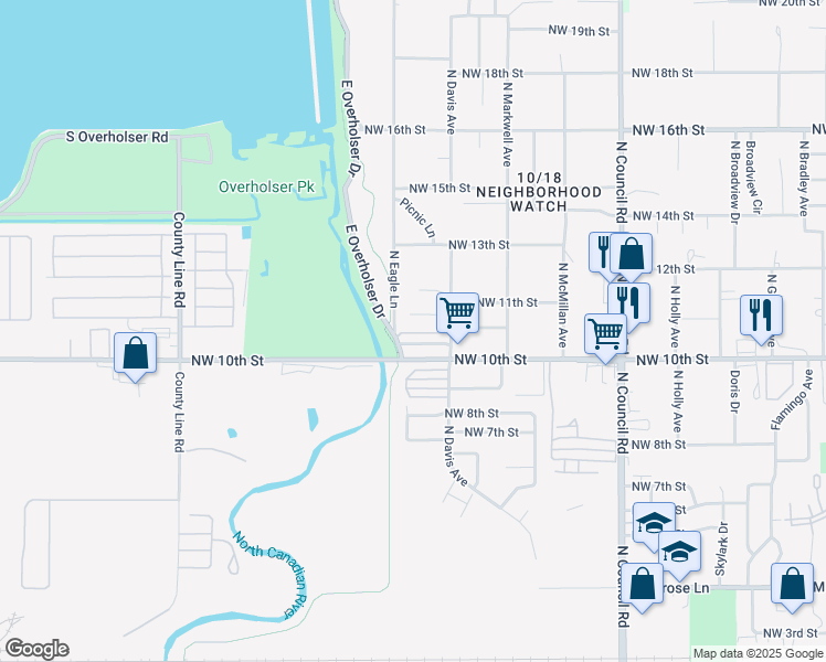 map of restaurants, bars, coffee shops, grocery stores, and more near 1180 North Eagle Lane in Oklahoma City
