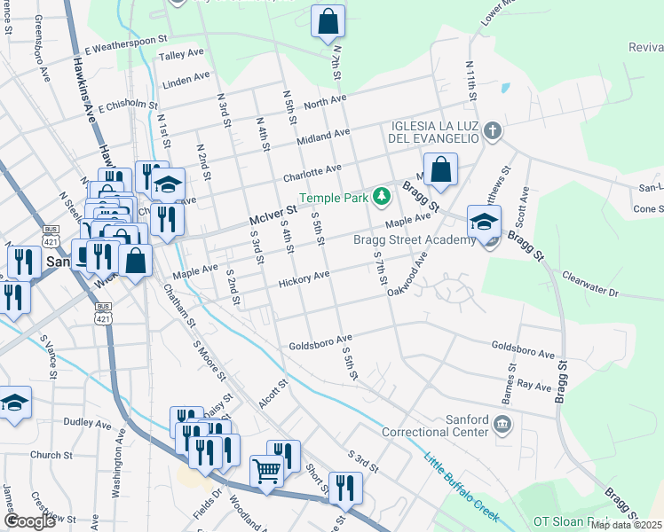 map of restaurants, bars, coffee shops, grocery stores, and more near 408 Hickory Avenue in Sanford