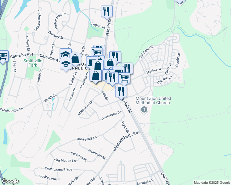 map of restaurants, bars, coffee shops, grocery stores, and more near 19829 South Main Street in Cornelius
