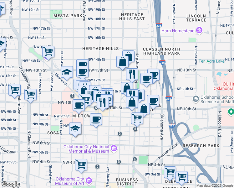 map of restaurants, bars, coffee shops, grocery stores, and more near 1135 North Robinson Avenue in Oklahoma City